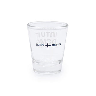 Back view of Intuit Dome shot glass with coordinates