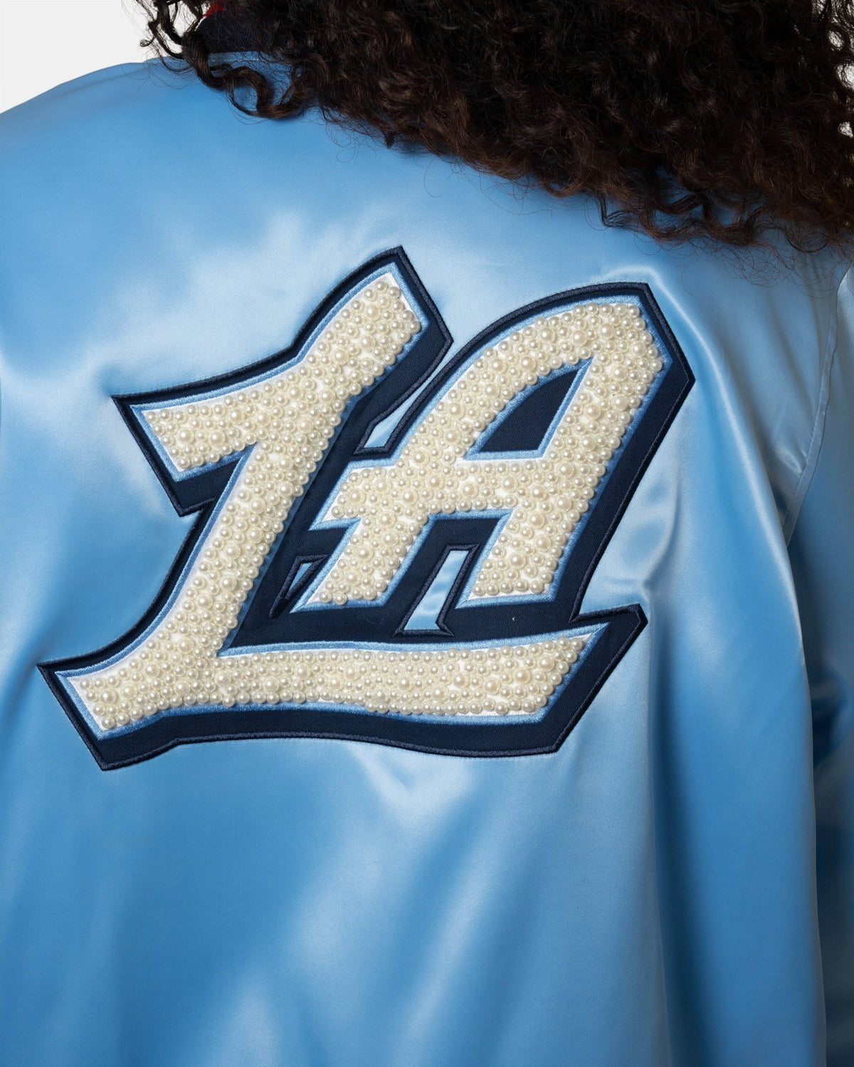 Womens Baby Blue Satin Pearl Bomber Jacket - Apparel - Pacific Blue - 30-000090-XS