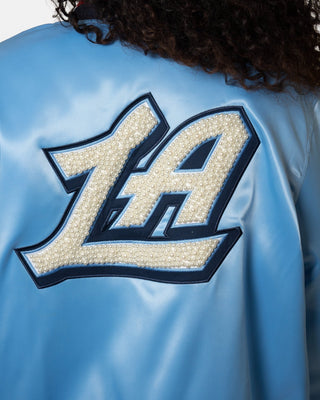 Womens Baby Blue Satin Pearl Bomber Jacket - Apparel - Pacific Blue - 30-000090-XS