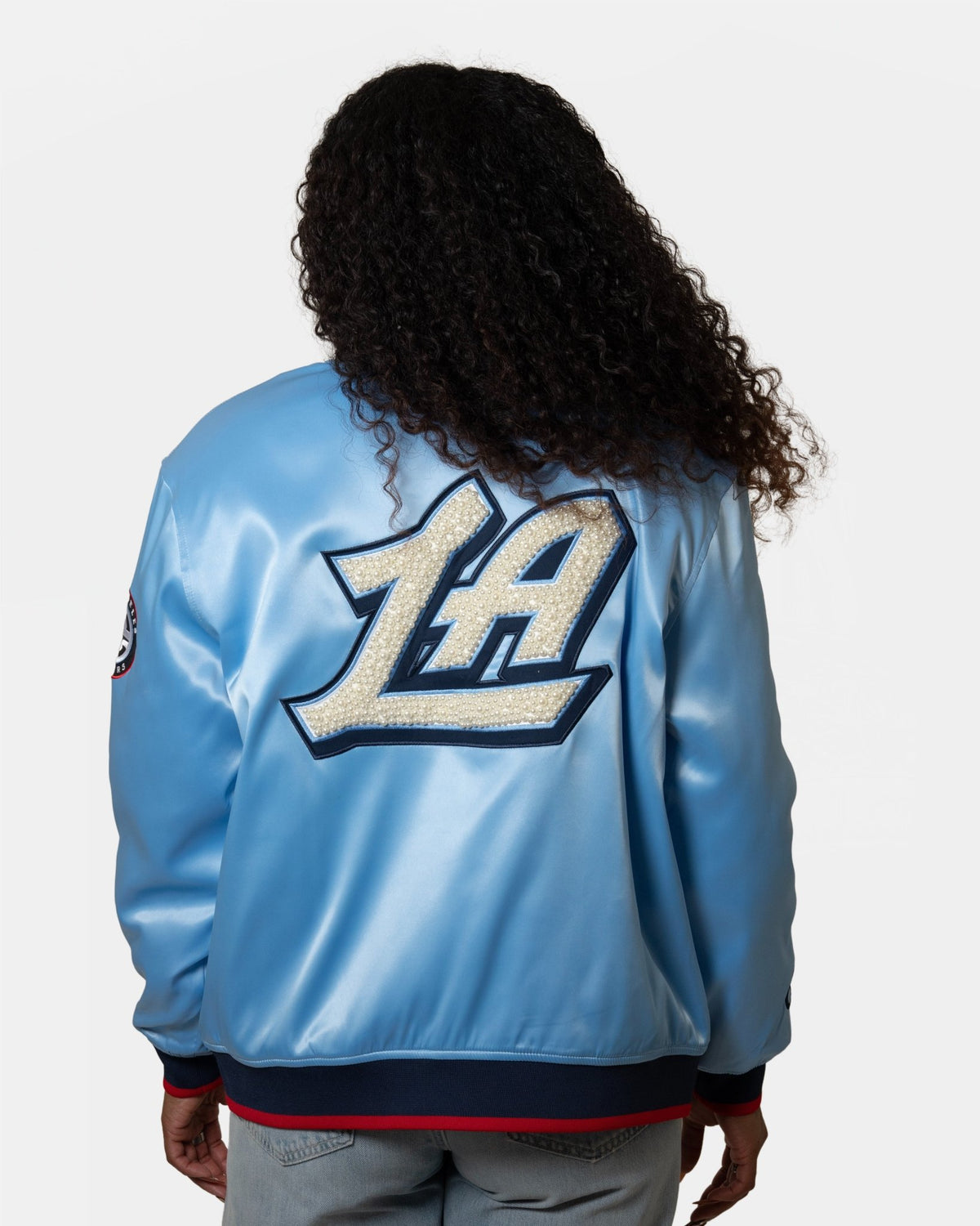 Womens Baby Blue Satin Pearl Bomber Jacket - Apparel - Pacific Blue - 30-000090-XS