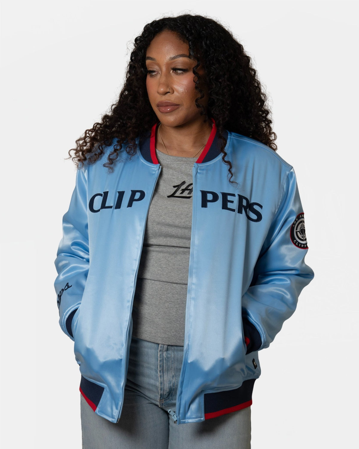 Womens Baby Blue Satin Pearl Bomber Jacket - Apparel - Pacific Blue - 30-000090-XS