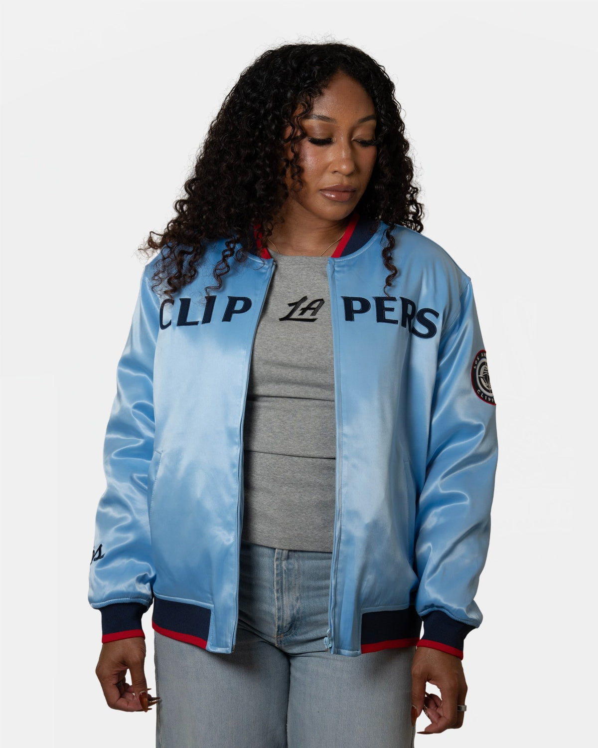 Womens Baby Blue Satin Pearl Bomber Jacket - Apparel - Pacific Blue - 30-000090-XS